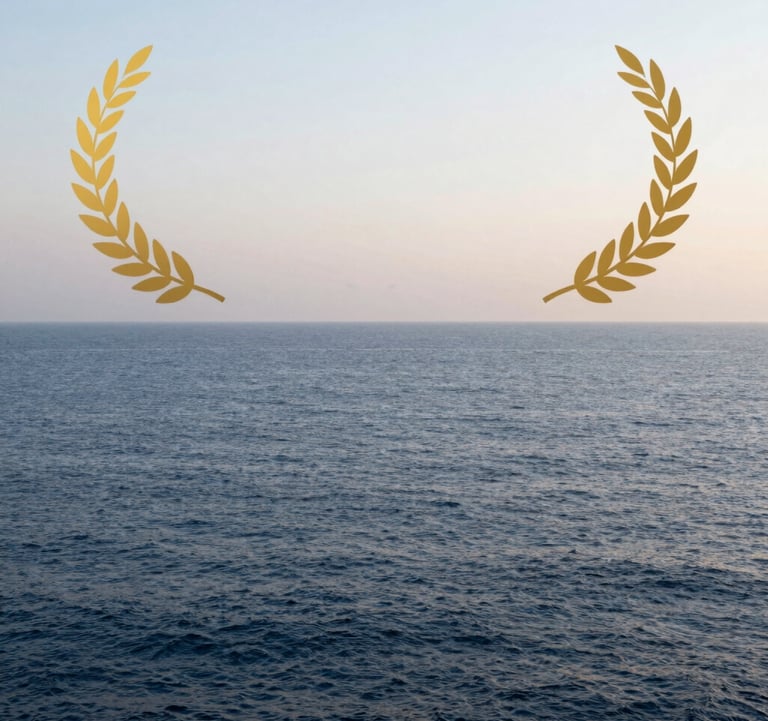 A conceptual photograph of a calm sea at dawn, where the water is a deep slate blue and the sky is a very light soft mist white, representing emotional regulation and clarity.