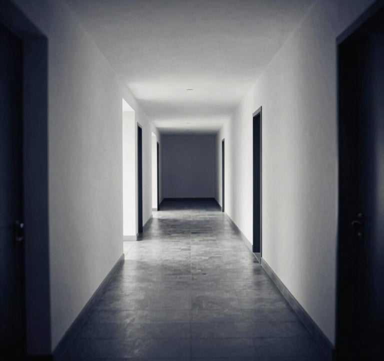 A black and white photography style with deep navy blue undertones showing a wide empty hallway with elegant minimalist lines. Representing the journey and the clarity of a clear path forward.