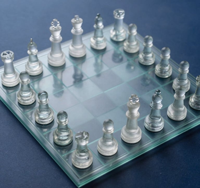 A top-down view of a strategic chessboard with pieces made of glass, reflecting soft mist white light. The background is a deep slate blue surface, suggesting strategic depth and foresight.