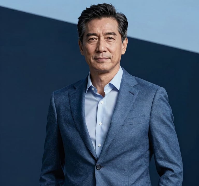 Portrait of a mature male executive in a strategic slate blue blazer, looking confident. Minimalist studio background with deep midnight blue shadows and serene sky blue highlights. High-end professional executive photography.