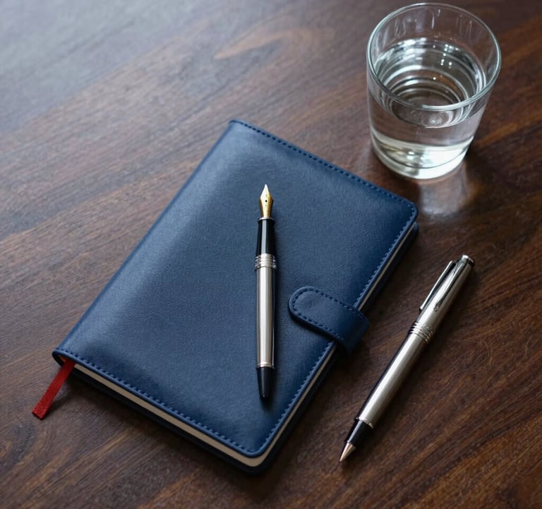A top-down shot of a minimalist workspace: a luxury fountain pen, a sleek leather notebook, and a glass of water on a polished dark wood desk. Colors: deep midnight blue and arctic white.