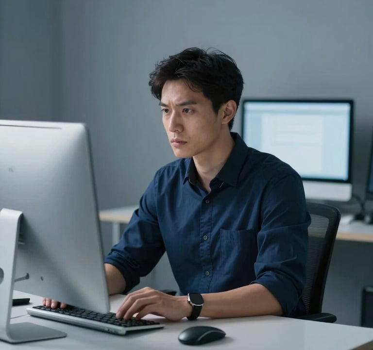 A professional trader in a deep midnight blue shirt, sitting before high-end clean desktop monitors. The lighting is strategic slate blue, highlighting a determined expression and focus. Minimalist, premium and professional workspace.