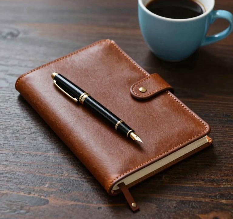A high-angle shot of a leather-bound notebook and a fountain pen on a dark wood desk. A soft sky blue coffee cup sits nearby. The image is clean, sharp, and evokes a sense of strategic planning and elite focus.