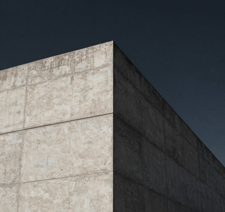 Minimalist architecture showing a sharp corner of a concrete building against a dark charcoal navy sky, symbolizing strength, structure, and precision.