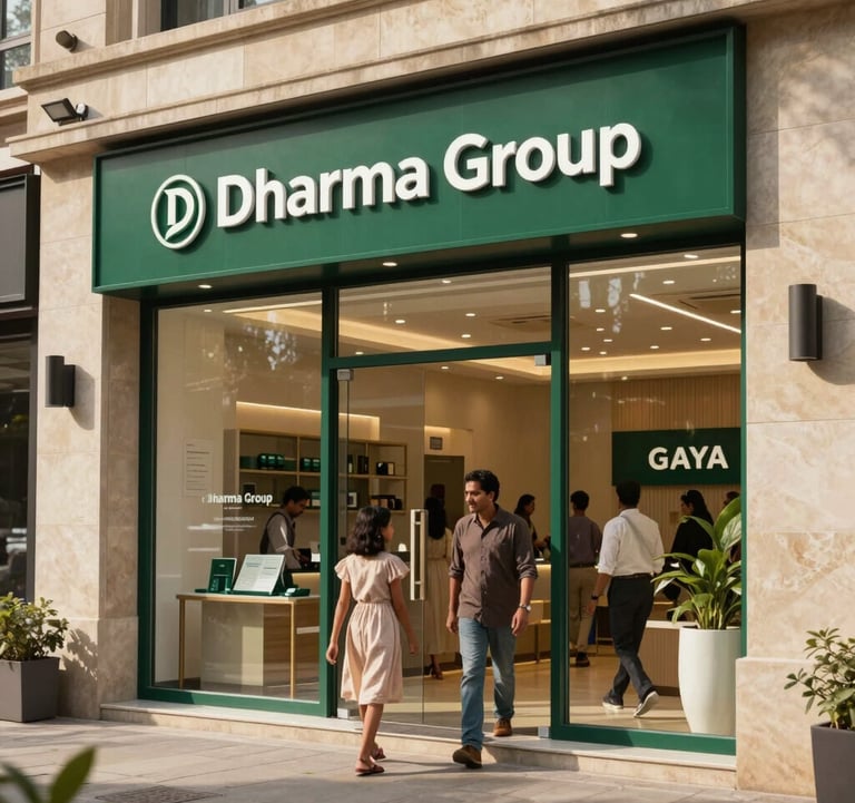 A wide shot of a modern travel agency storefront in Gaya with a South Asian / Indian family entering. The architecture is professional and sleek, using sand beige stone and deep forest green signage, embodying the reliable spirit of Dharma Group.