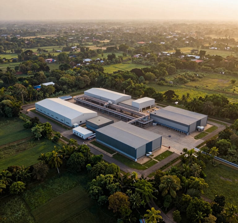 An aerial view of a lush green landscape in Lakhisarai, featuring a modern manufacturing facility integrated into the natural environment, captured in the golden hour with deep bronze and soft creamy tones.