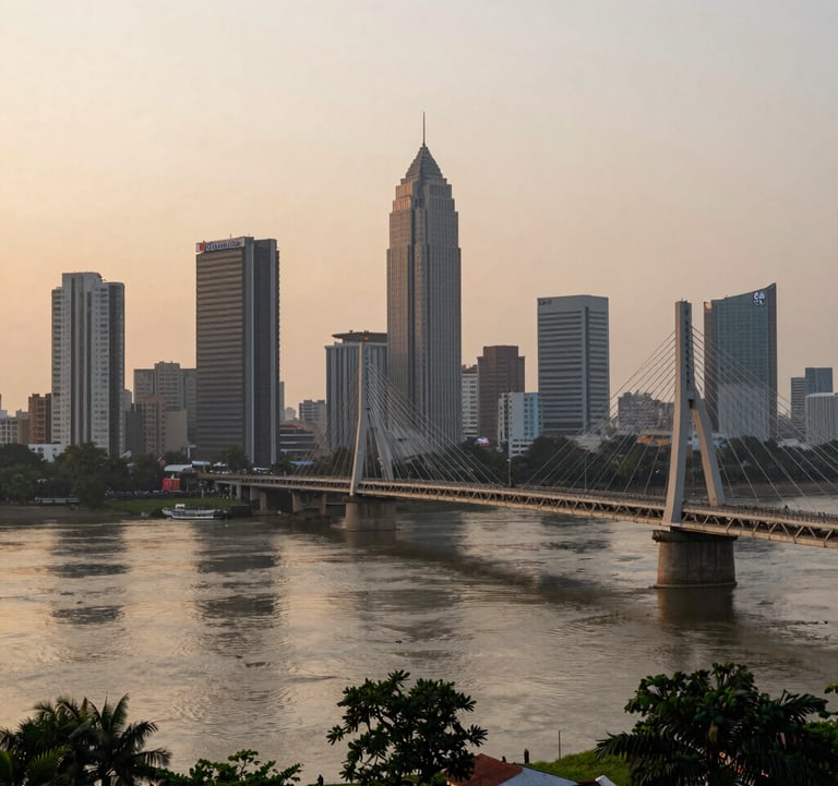 A scenic wide shot of the Patna city skyline at dawn, capturing the bridge over the Ganges with a soft sand beige and dark forest green color palette, emphasizing the regional importance of the Dharma Group headquarters.