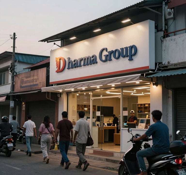 A bustling street view of Gaya, showing a professional storefront with 'Dharma Group' branding, captured in soft evening light.