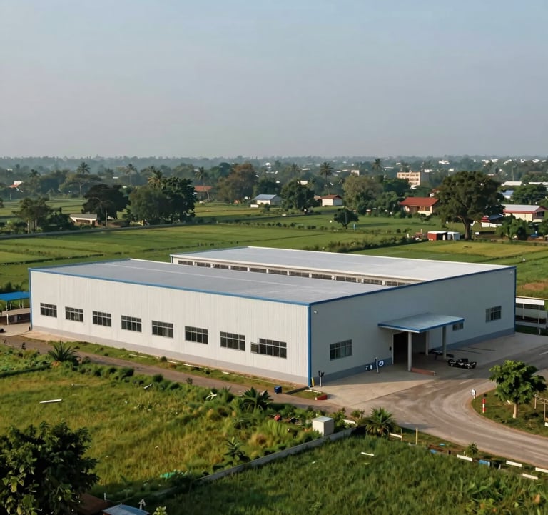 A scenic rural landscape in Lakhisarai with a focus on a clean, modern industrial building that represents the manufacturing branch.