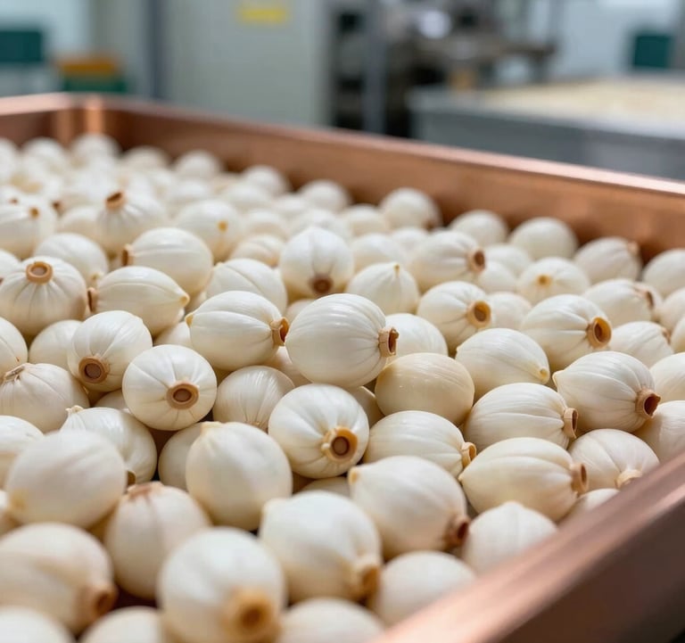 A close-up high-detail shot of premium, large white Makhana seeds (fox nuts) being sorted in a clean, modern South Asian / Indian manufacturing facility with warm bronze accents.