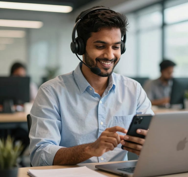 A friendly South Asian / Indian customer service professional in a modern office in Lakhisarai, smiling and typing on a smartphone, representing the WhatsApp booking service.