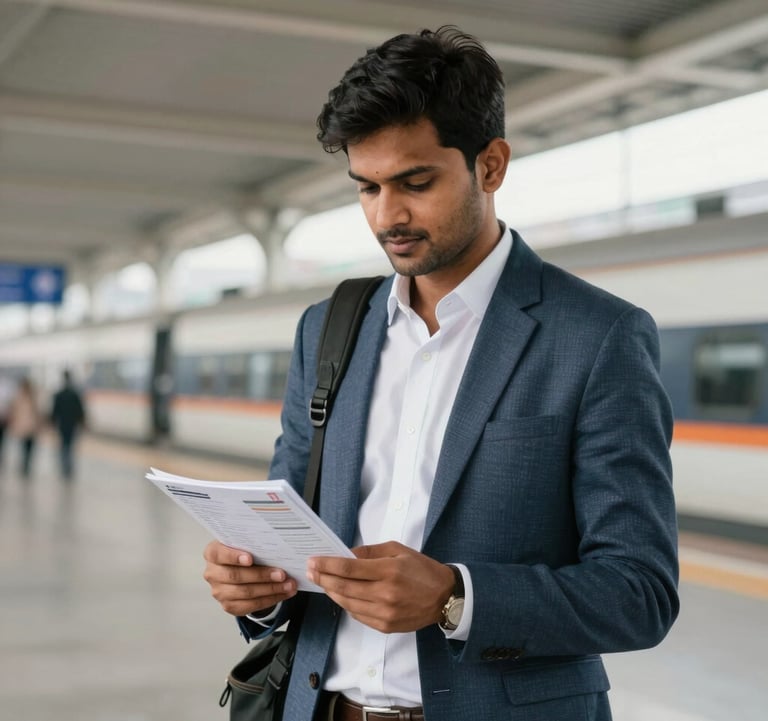 A professional traveler standing in a modern South Asian / Indian transport hub in Patna, dressed in smart-casual attire, holding a digital itinerary, with clean bright lighting.