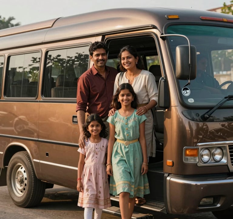 A high-end travel scene featuring a modern South Asian / Indian family boarding a luxury coach in Patna. The sunlight is warm bronze, highlighting the shiny exterior of the vehicle and their happy expressions. Professional documentary style.