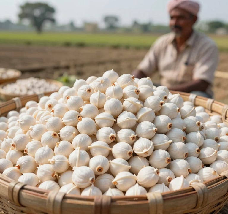 A high-quality close-up of harvested white Makhana seeds in a woven basket, set against a natural rural backdrop in Lakhisarai. The lighting is bright and natural, highlighting the purity of the product. The scene includes a South Asian / Indian farmer in traditional attire.