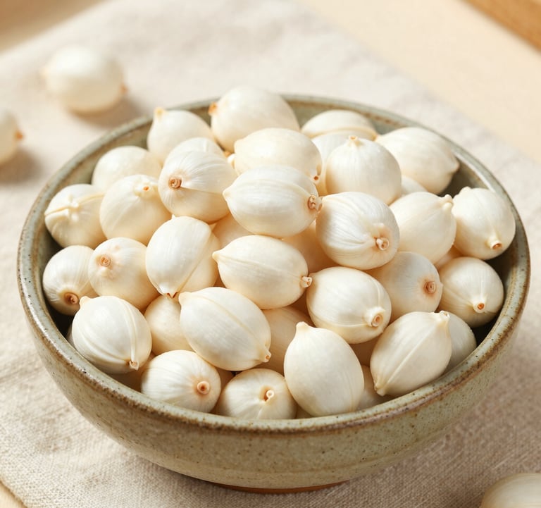 A bright, clean lifestyle photograph of premium white Makhana overflowing from a rustic ceramic bowl placed on an off-white linen cloth, with soft natural light highlighting the purity and quality of the product.