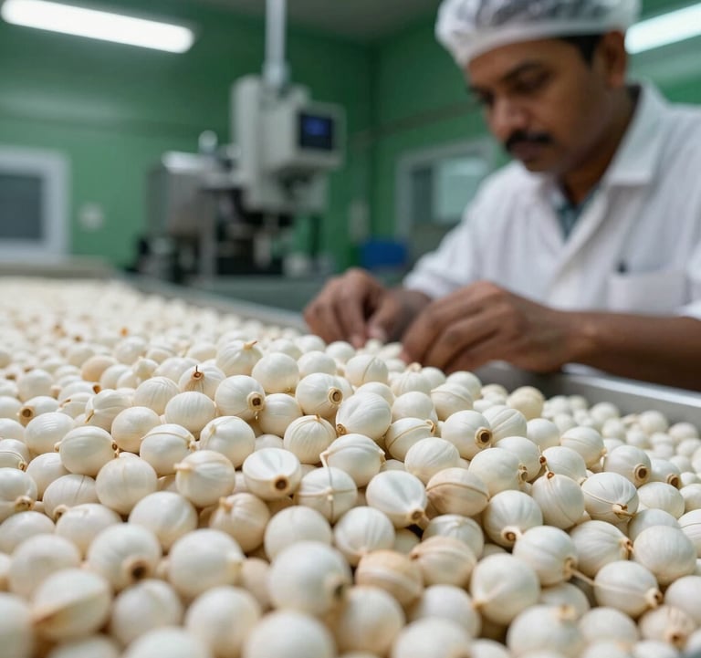 Close-up photography of pristine, large white Makhana seeds being inspected by a quality control professional in a South Asian / Indian manufacturing facility. Lighting is bright and clean with deep forest green accents in the background.
