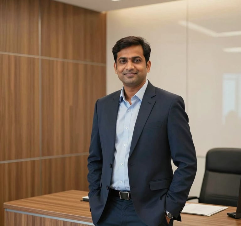 A professional South Asian / Indian business consultant in a modern office in Patna, Bihar. The office interior features elegant wood panels in muted gold and soft cream walls, reflecting a reliable corporate environment for travel and manufacturing logistics.