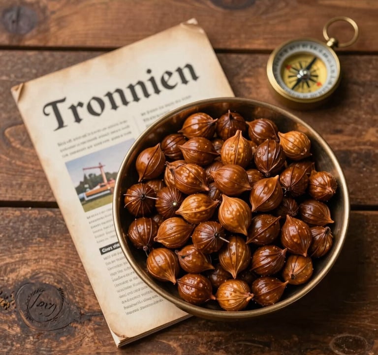 A top-down view of a rustic wooden table in a South Asian / Indian setting, featuring a bowl of roasted Makhana next to travel brochures and a brass compass. Colors include antique parchment and warm bronze.
