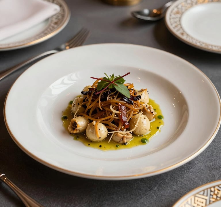 A close-up of a gourmet dish served in a luxury North African / Moroccan restaurant. Elegant presentation on Ivory porcelain with Muted Gold accents on a Charcoal tablecloth.