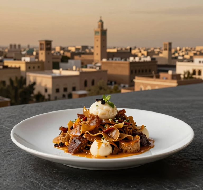 An elegant close-up of a gourmet Moroccan dish with modern plating, served on a dark charcoal table. In the background, a North African / Moroccan city skyline is visible under a muted gold twilight sky. Sophisticated and high-end aesthetic.