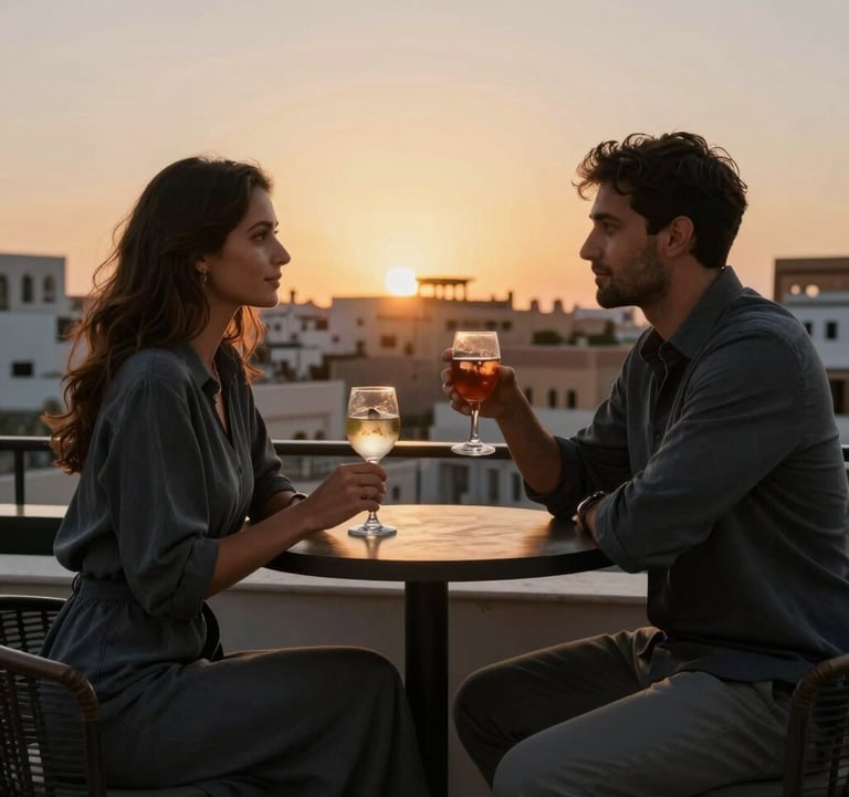 Luxury lifestyle photography of a sophisticated couple enjoying drinks at a modern rooftop bar in a North African / Moroccan city. They are silhouetted against a sunset using colors like Dark Charcoal and Muted Gold.