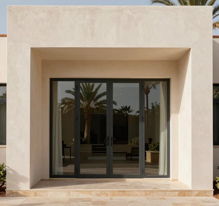 High-end real estate photography of a minimalist villa entrance in Marrakech. Clean lines, large glass doors reflecting palm trees, and a palette of Soft Cream and Warm Beige stones. North African / Moroccan landscape.
