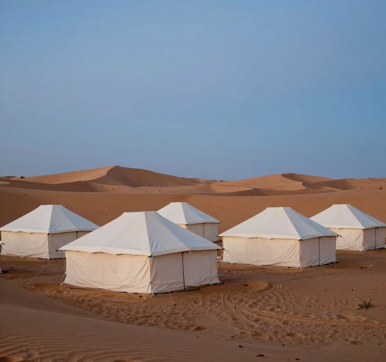 A luxury desert camp setting in a North African / Moroccan landscape during the blue hour. High-end creamy off-white canvas tents are arranged neatly against soft warm sand dunes. Minimalist composition with a focus on silence and space.
