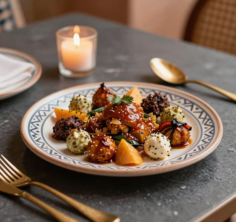 Close-up of a premium dining experience in a Marrakech riad. A handcrafted ceramic plate with gourmet Moroccan fusion cuisine sits on a dark charcoal table. Muted gold cutlery and a soft candle light create an atmosphere of exclusive sophistication.