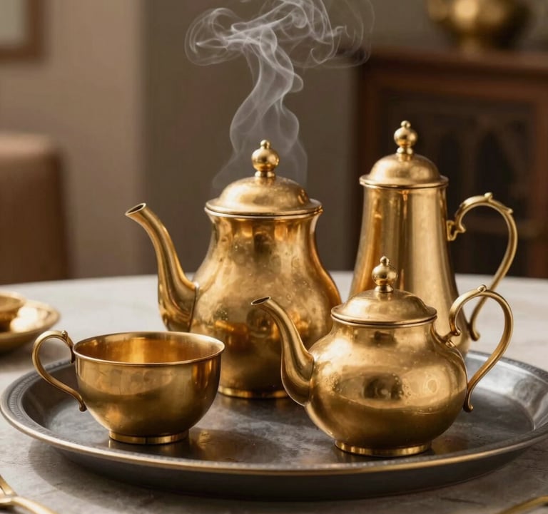 Close-up of a premium Muted Gold tea service in a North African / Moroccan setting. Soft lighting highlights the steam and the elegant Charcoal tray.