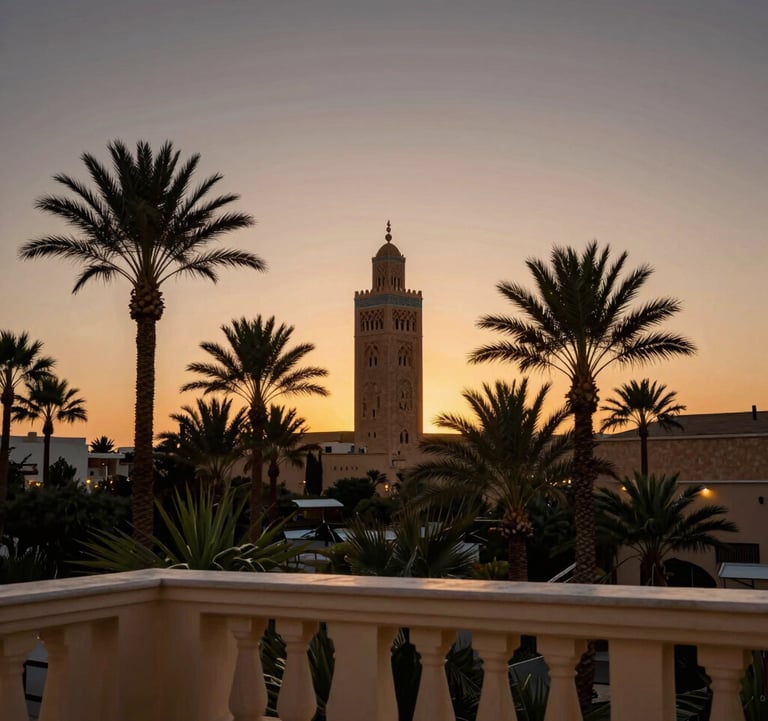 Sunset view over the palms of Marrakech from a luxury Ivory balcony. The silhouette of the Koutoubia is visible against a Charcoal and Bronze sky.
