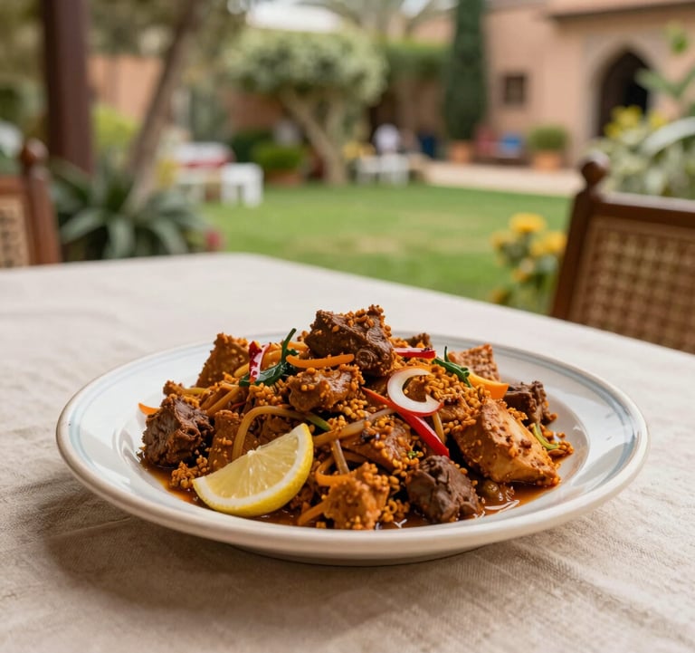 Photography of a gourmet Moroccan dish served on a fine ceramic plate on a table with Warm Beige linen. Background shows a blurred view of a lush North African / Moroccan garden during the day.