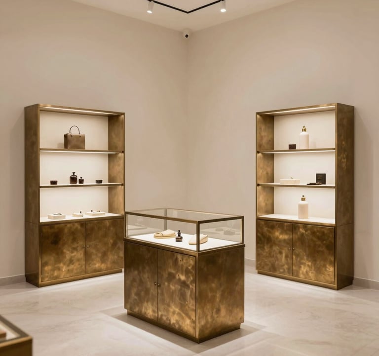 A minimalist and chic interior of a North African / Moroccan luxury boutique. Ivory walls and Bronze display cases creating an atmosphere of understated luxury.