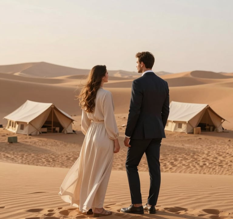 An elegant professional couple in chic desert attire standing on a sand beige dune overlooking a luxury desert camp in a North African / Moroccan environment. The lighting is soft morning gold.