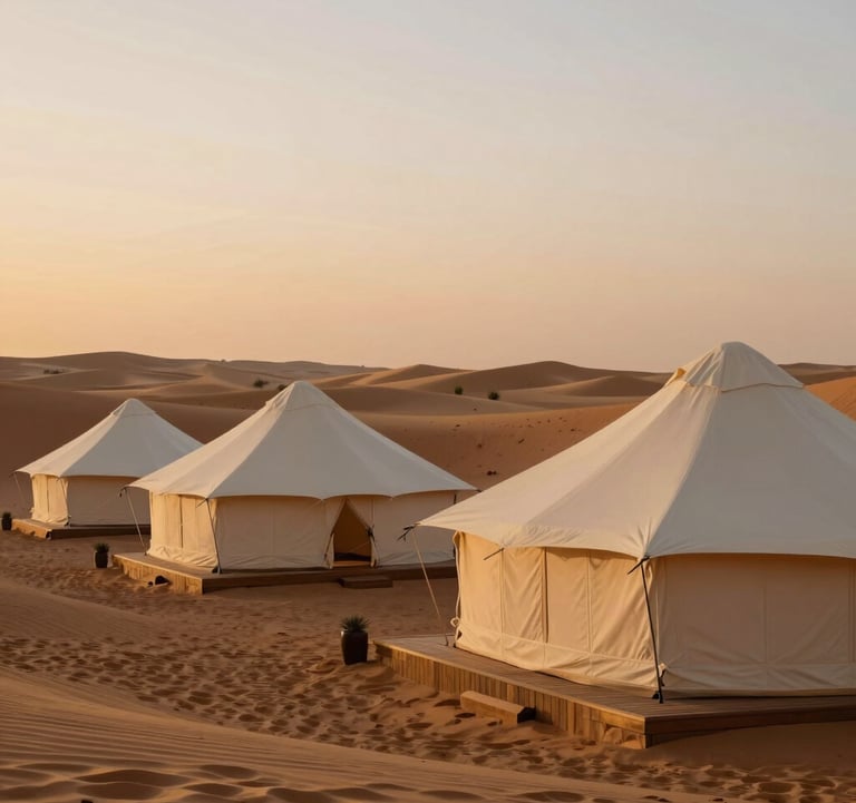 A high-end private glamping setup in the Agafay desert. Luxurious Ivory tents under a soft Bronze sunset, capturing the essence of North African / Moroccan adventure.
