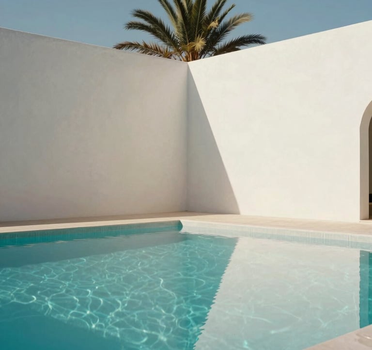 A minimalist architectural shot of a turquoise infinity pool at a luxury Marrakech villa. The walls are smooth soft off-white plaster, reflecting the bright North African / Moroccan sun. A single palm tree casts a long shadow.