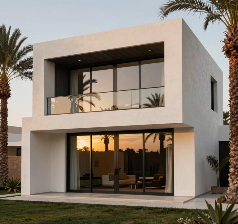 Modern and sleek architectural photography of a minimalist luxury villa in a North African / Moroccan palm grove. The facade is creamy off-white with dark charcoal steel accents, reflecting a muted gold sunset in its large glass windows.
