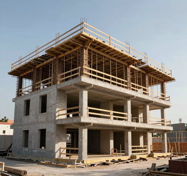 Luxury residential construction site showing structural engineering excellence and premium finishes in Portugal, natural daylight, sophisticated engineering visual.