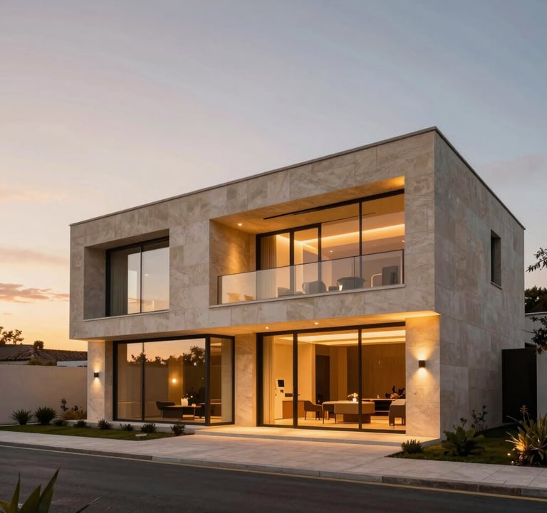 An architectural photograph of a modern luxury estate in Portugal, managed by FNAI Quintas e Luxo. Set against a serene sunset sky, highlighting elegant stone finishes, floor-to-ceiling glass, and warm gold exterior lighting in a European / Portuguese context.
