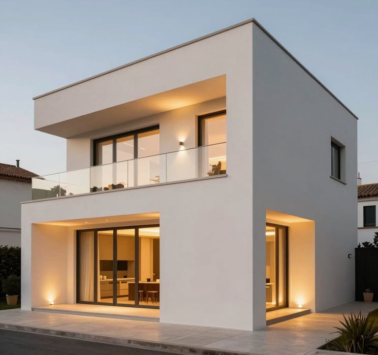 European Portuguese luxury residential villa exterior in Sintra, modern architectural lines, subtle warm gold exterior lighting, off-white render finish, sophisticated real estate photography.