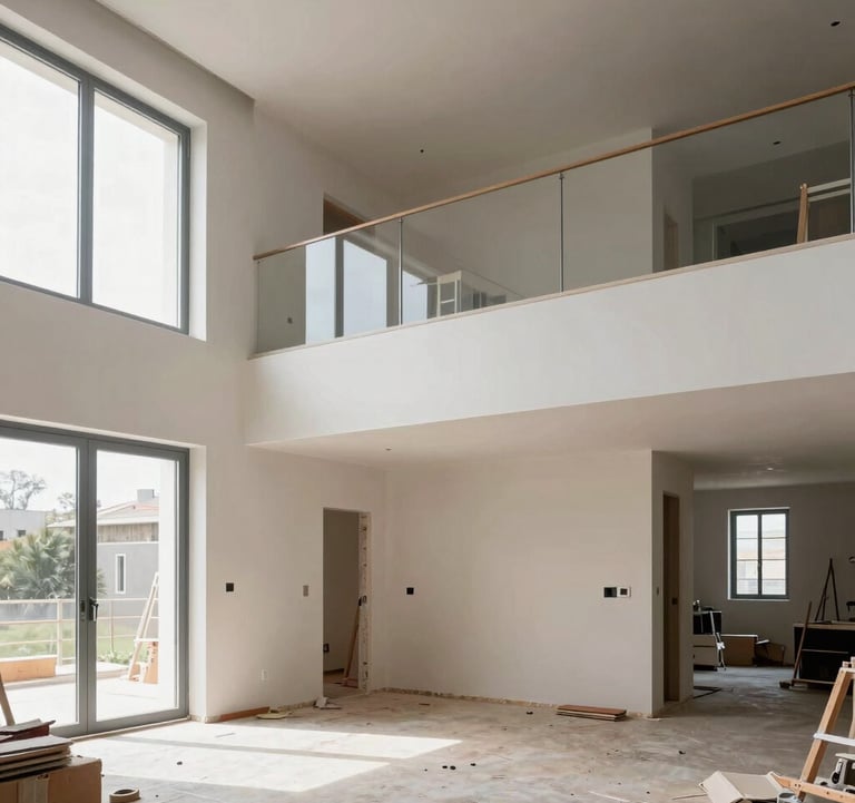 European Portuguese architectural construction site and interior remodeling project managed by Brigitte Works, precise engineering details, modern high-end interior finishes, natural light.