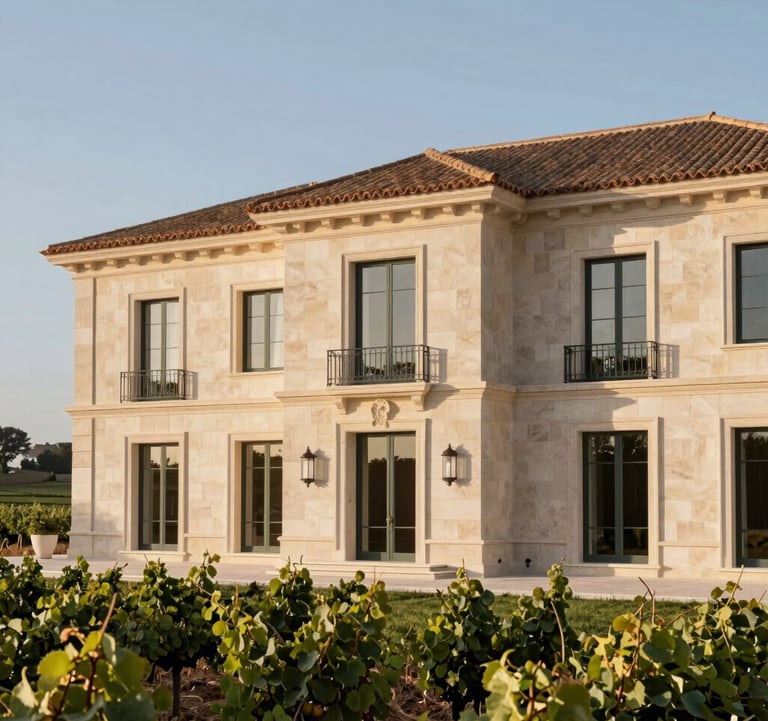 Architectural exterior shot of a luxury estate quinta in Portugal with surrounding vineyards, warm afternoon sunlight, sophisticated stone facade, high-end European / Portuguese real estate photography.