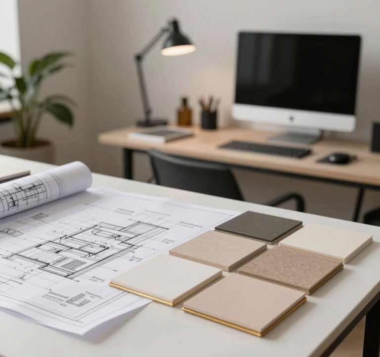 Architectural studio setup with modern blueprints, material samples, soft champagne gold details and high-end workstation in a contemporary European Portuguese studio.
