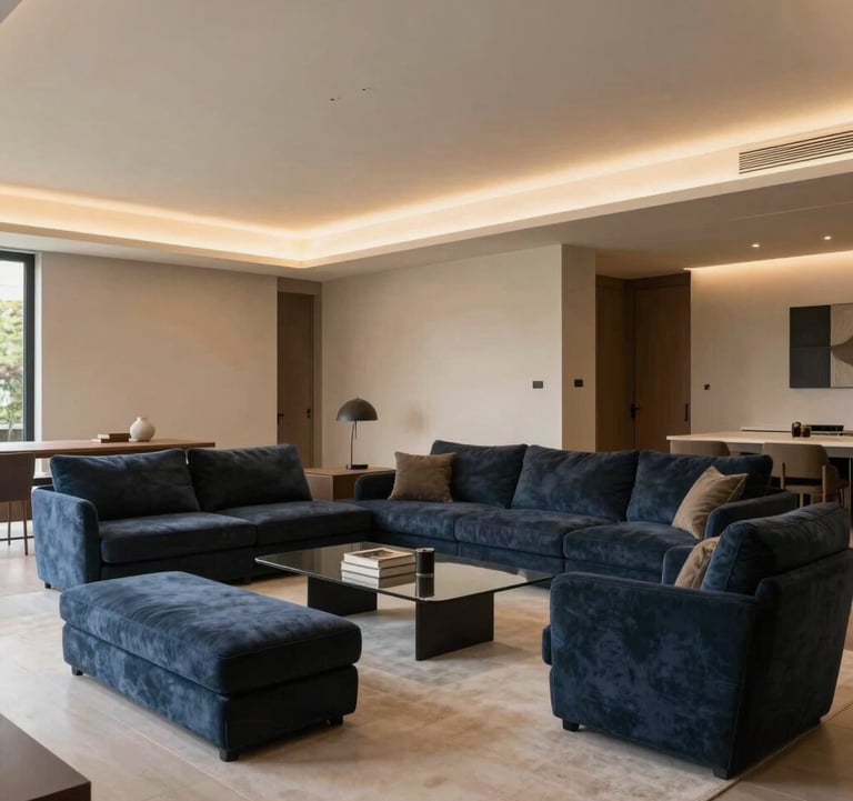 An interior architecture photograph showcasing a refined contemporary living space designed by Brigitte Works. Styled with dark slate blue furniture, warm beige walls, and architectural precision lighting in a high-end European / Portuguese residence.