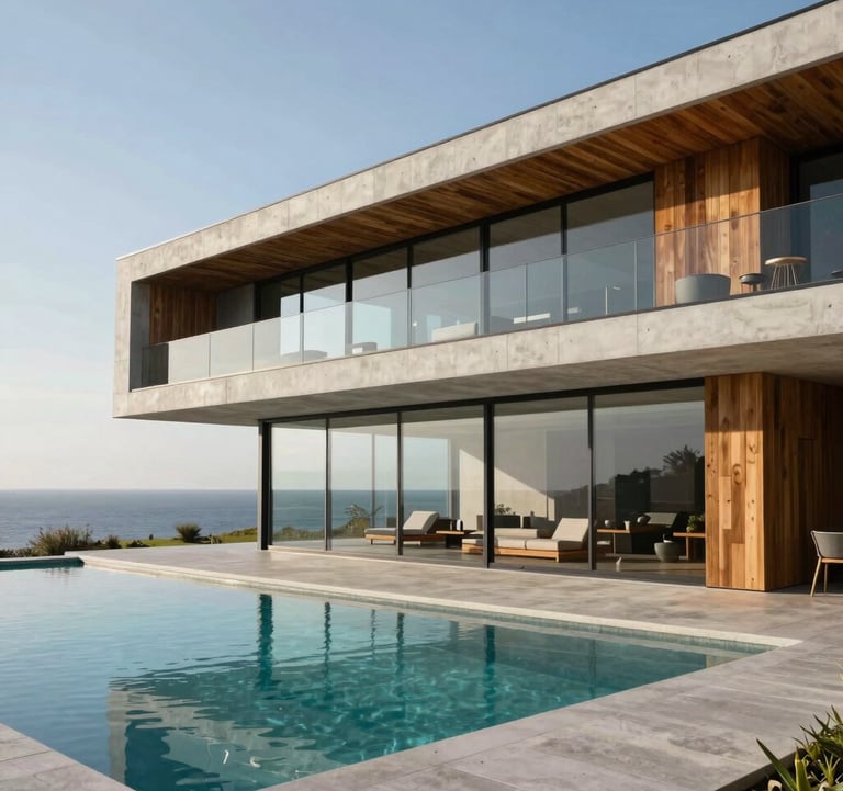 Modern minimalist villa exterior designed by architects, glass walls, infinity pool, sleek concrete and timber construction in European / Portuguese coastal setting.