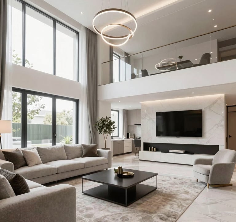 Sophisticated real estate consultation space in Lisbon with elegant warm gold and slate accents, European Portuguese setting, high-end professional commercial photography.