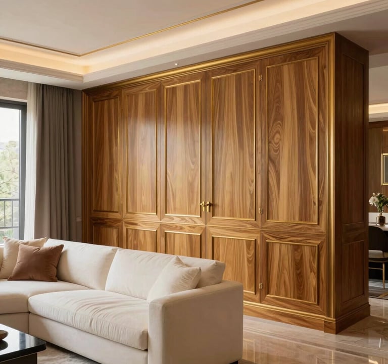 Sophisticated interior detail of a luxury residence living room, bespoke timber joinery, warm gold finishes, off-white textiles, professional European / Portuguese architectural photography.