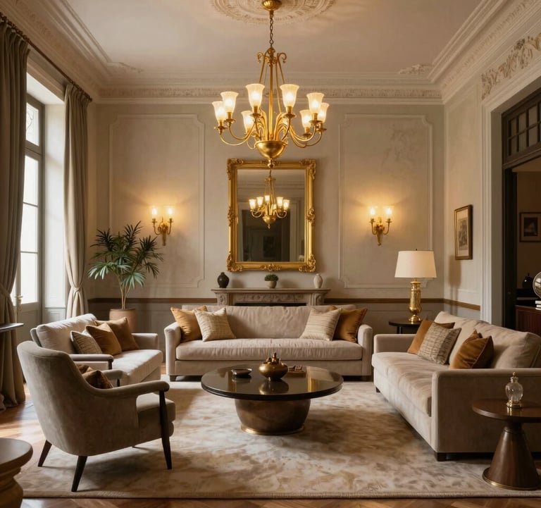 Sophisticated interior design living space with warm gold decorative lighting and bespoke furniture in a restored Portuguese residence.