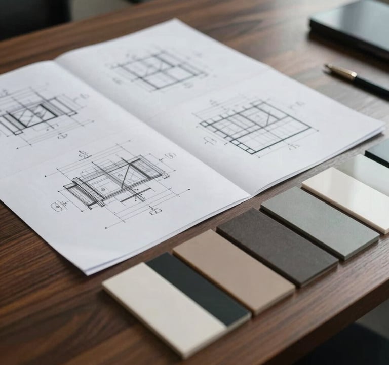 A close-up photograph of precise engineering plans, architectural drawings, and modern material samples arranged neatly on a dark wooden desk. Soft ambient light emphasizes professional quality in a European / Portuguese corporate office.