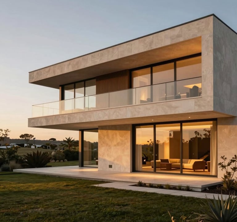 Contemporary luxury villa exterior in Portugal with modern linear architecture, ambient warm gold light and refined landscape aesthetics.