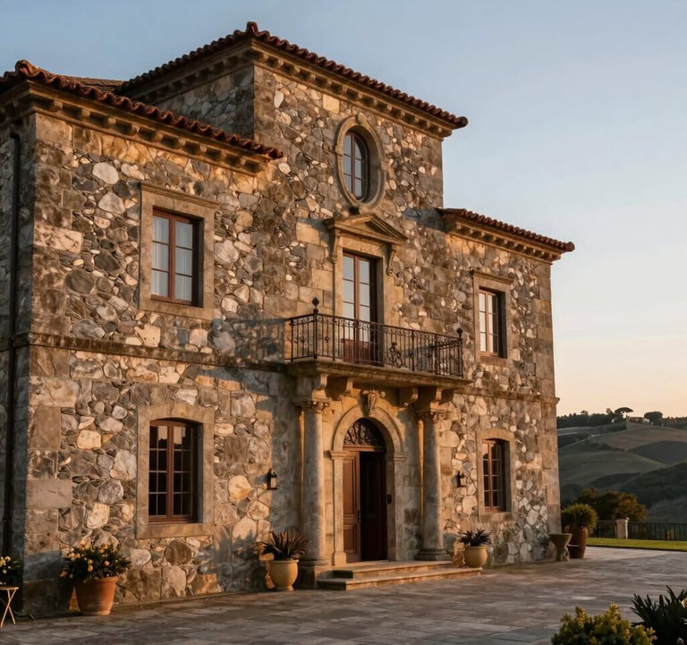 European Portuguese exclusive rustic quintas and luxury heritage estate in Douro region, refined stone architectural detailing, warm sunset lighting, prestige property showcase.